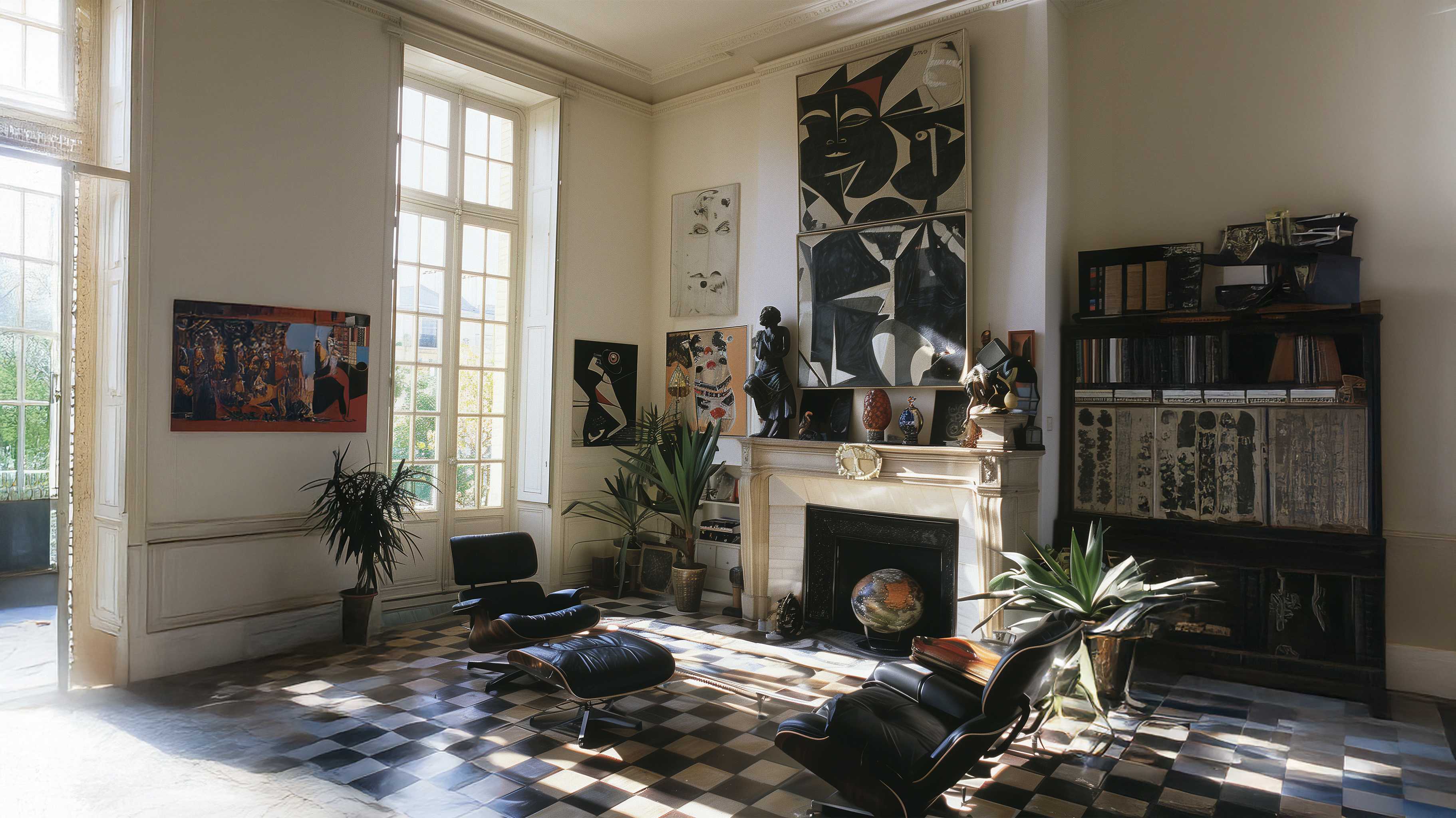 Picasso Wohnzimmer mit moderner Wandkunst und abstrakten Postern über Kamin – Kunstposter kaufen