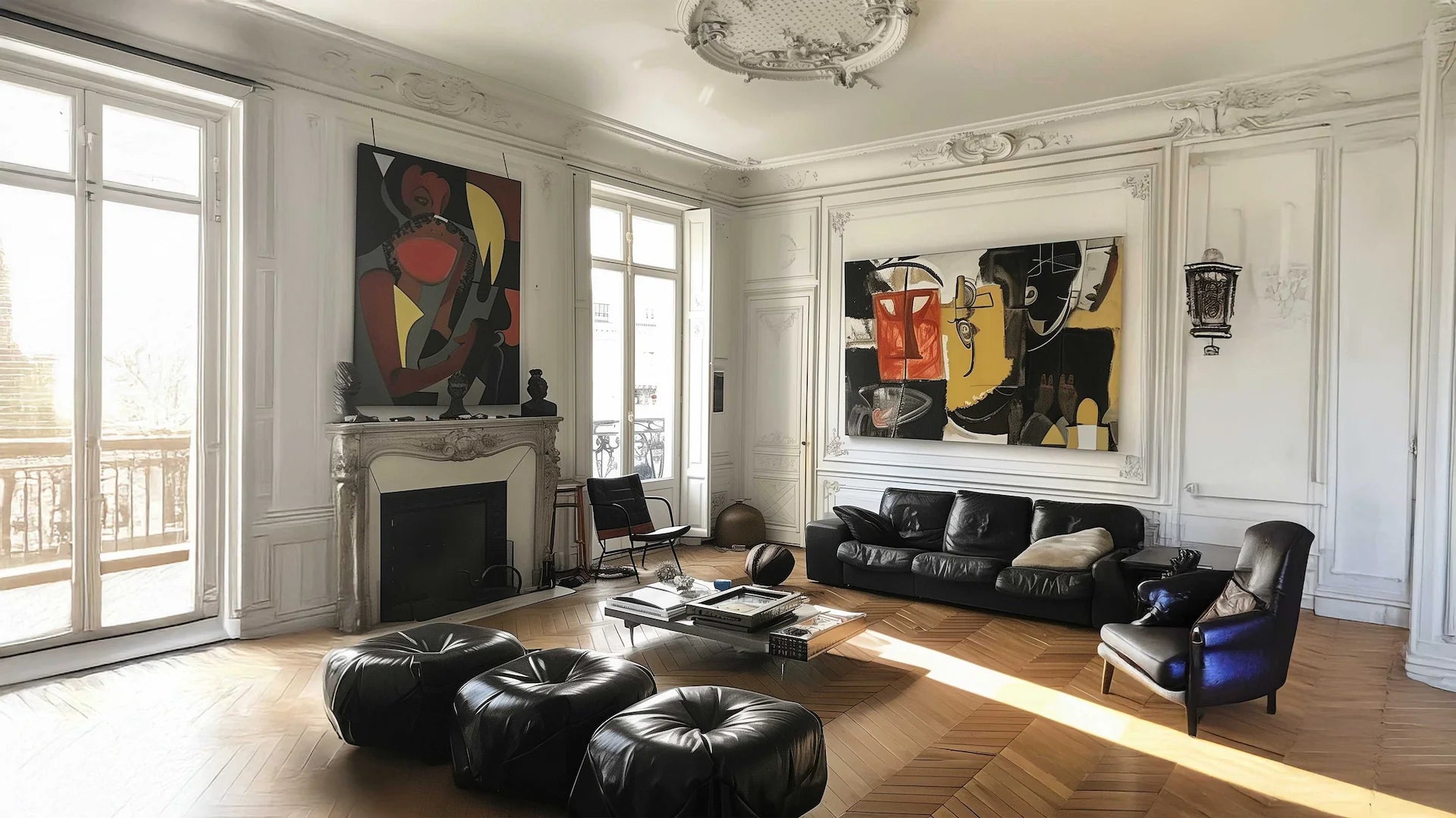 Elegantes Pariser Wohnzimmer von Picasso mit großformatigen abstrakten Gemälden an der Wand
